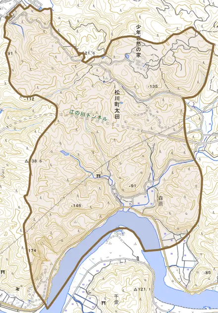 松川町太田とその周辺の地図。町の範囲を重ねている