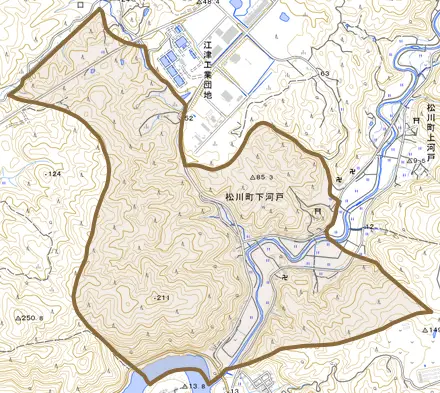 松川町下河戸とその周辺の地図。町の範囲を重ねている