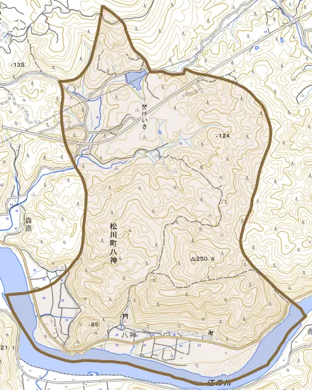 松川町八神とその周辺の地図。町の範囲を重ねている