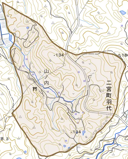 二宮町羽代とその周辺の地図。町の範囲を重ねている