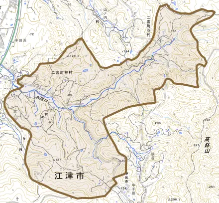 二宮町神村とその周辺の地図。町の範囲を重ねている