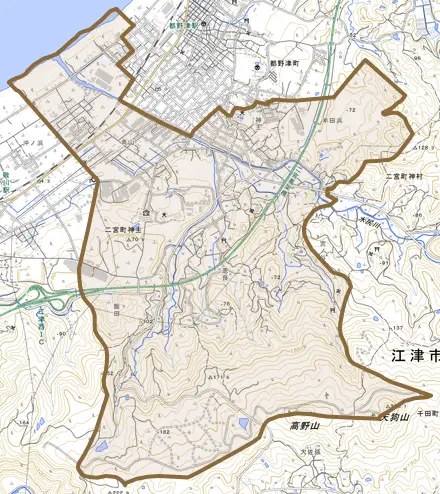 二宮町神主とその周辺の地図。町の範囲を重ねている