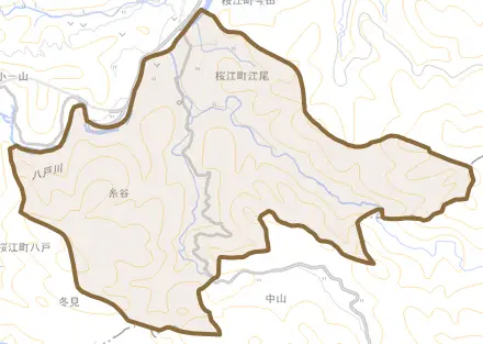 桜江町江尾とその周辺の地図。町の範囲を重ねている