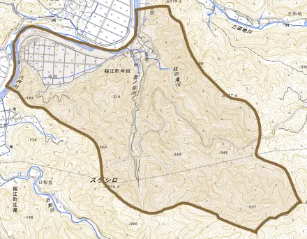 桜江町今田とその周辺の地図。町の範囲を重ねている