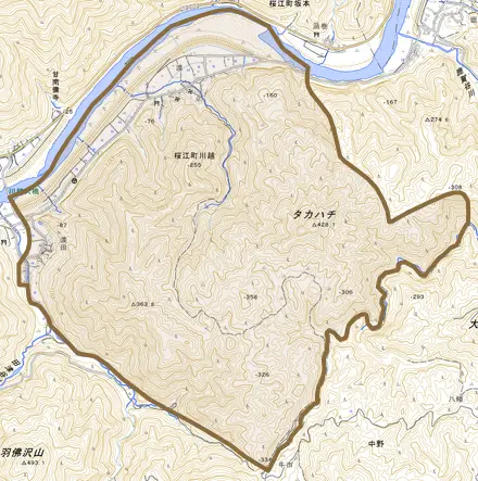 桜江町川越とその周辺の地図。町の範囲を重ねている