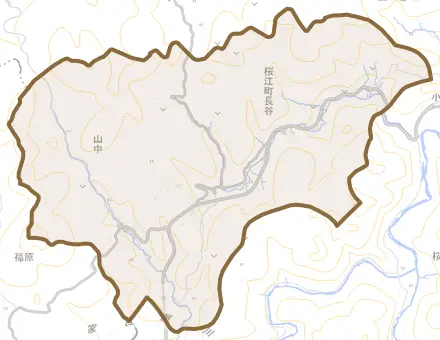 桜江町長谷とその周辺の地図。町の範囲を重ねている