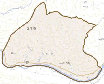 桜江町大貫とその周辺の地図。町の範囲を重ねている