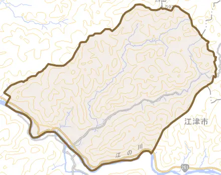 桜江町谷住郷とその周辺の地図。町の範囲を重ねている
