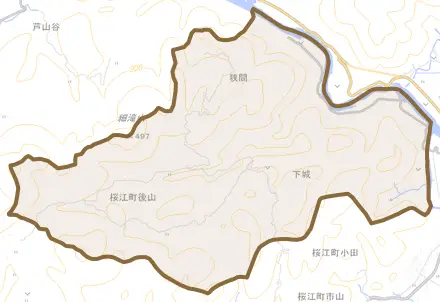桜江町後山とその周辺の地図。町の範囲を重ねている