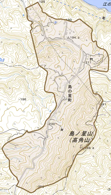 島の星町とその周辺の地図。町の範囲を重ねている
