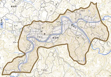 都治町とその周辺の地図。町の範囲を重ねている