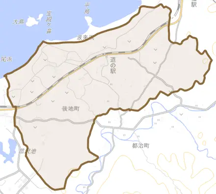 後地町とその周辺の地図。町の範囲を重ねている