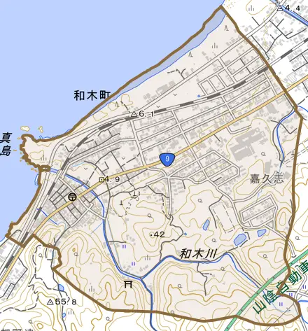 和木町とその周辺の地図。町の範囲を重ねている