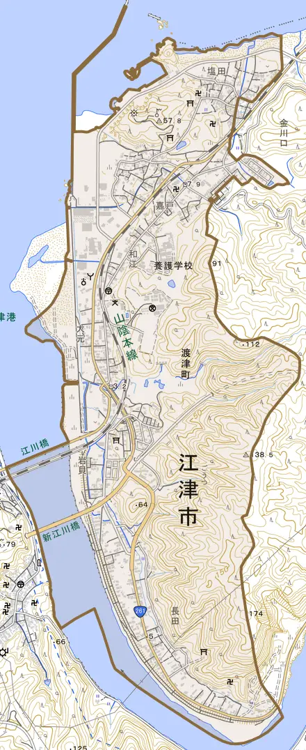 渡津町とその周辺の地図。町の範囲を重ねている