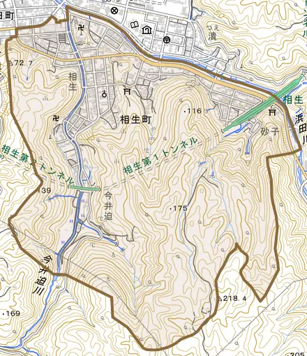 相生町とその周辺の地図。町の範囲を重ねている