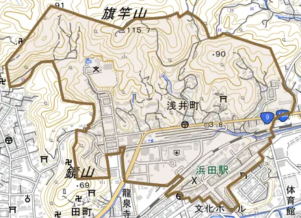 浅井町とその周辺の地図。町の範囲を重ねている