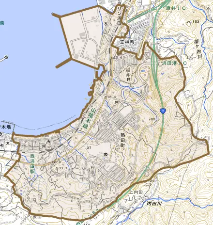 熱田町とその周辺の地図。町の範囲を重ねている