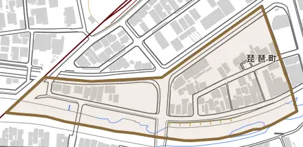 琵琶町とその周辺の地図。町の範囲を重ねている