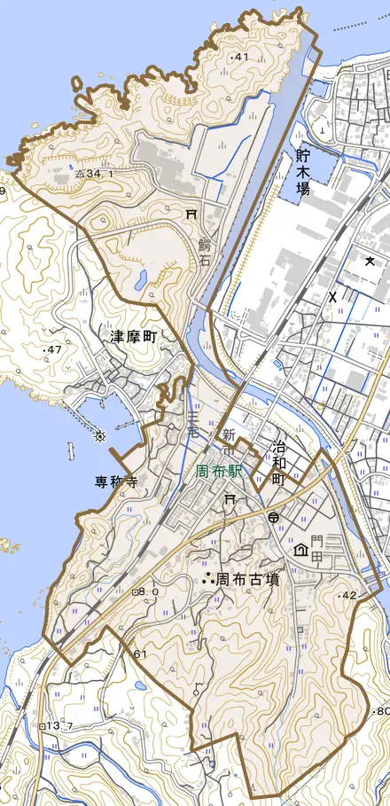治和町とその周辺の地図。町の範囲を重ねている
