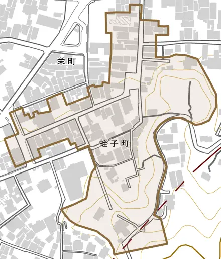 蛭子町とその周辺の地図。町の範囲を重ねている
