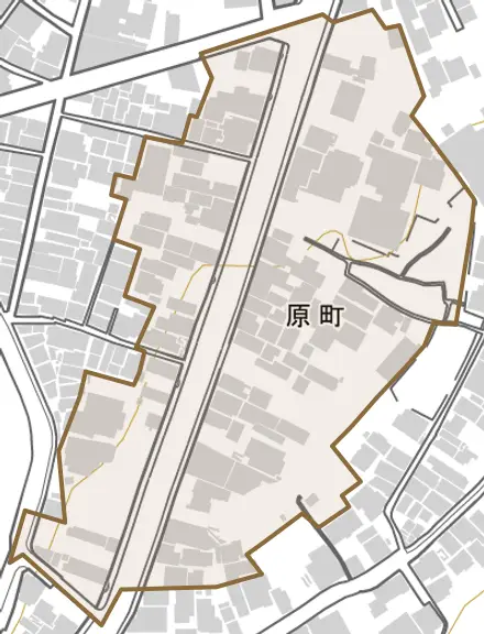 原町とその周辺の地図。町の範囲を重ねている