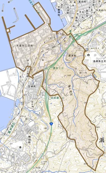 原井町とその周辺の地図。町の範囲を重ねている