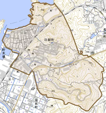 日脚町とその周辺の地図。町の範囲を重ねている