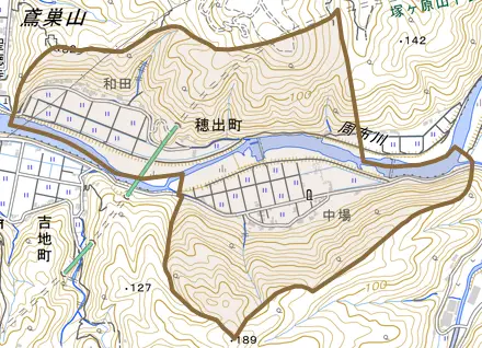 穂出町とその周辺の地図。町の範囲を重ねている