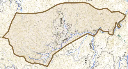櫟田原町とその周辺の地図。町の範囲を重ねている