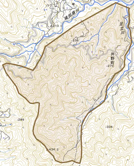 井野町とその周辺の地図。町の範囲を重ねている