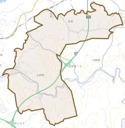 上府町とその周辺の地図。町の範囲を重ねている