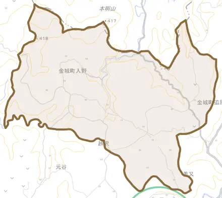 金城町入野とその周辺の地図。町の範囲を重ねている