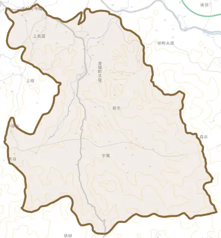 金城町久佐とその周辺の地図。町の範囲を重ねている