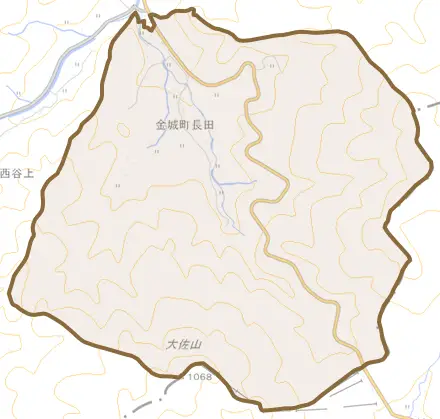金城町長田とその周辺の地図。町の範囲を重ねている