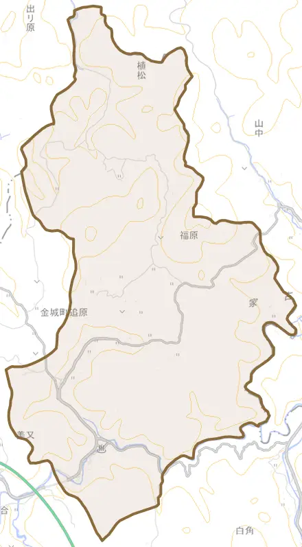 金城町追原とその周辺の地図。町の範囲を重ねている