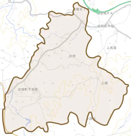 金城町下来原とその周辺の地図。町の範囲を重ねている
