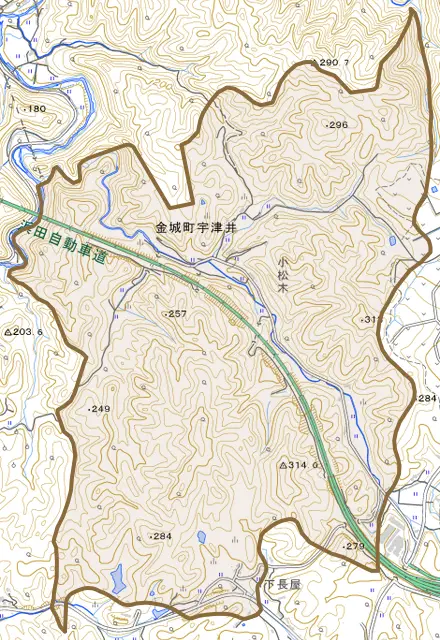 金城町宇津井とその周辺の地図。町の範囲を重ねている
