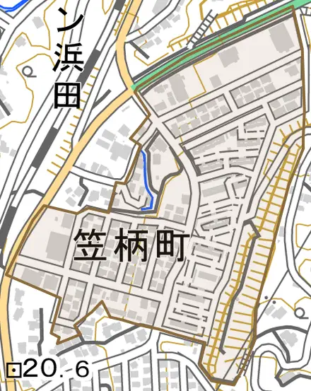 笠柄町とその周辺の地図。町の範囲を重ねている