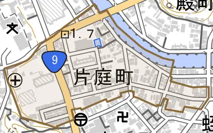 片庭町とその周辺の地図。町の範囲を重ねている