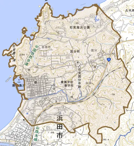 国分町とその周辺の地図。町の範囲を重ねている