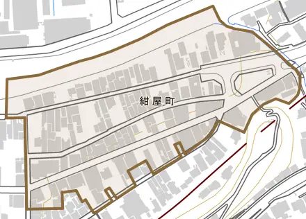 紺屋町とその周辺の地図。町の範囲を重ねている