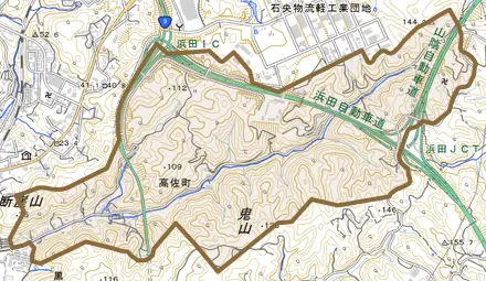 高佐町とその周辺の地図。町の範囲を重ねている
