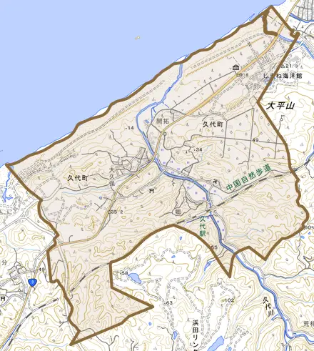 久代町とその周辺の地図。町の範囲を重ねている