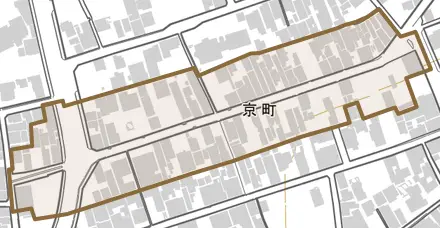 京町とその周辺の地図。町の範囲を重ねている