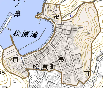松原町とその周辺の地図。町の範囲を重ねている