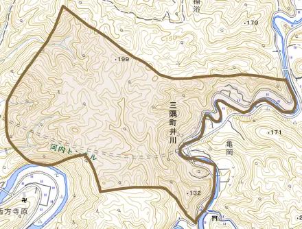三隅町井川とその周辺の地図。町の範囲を重ねている