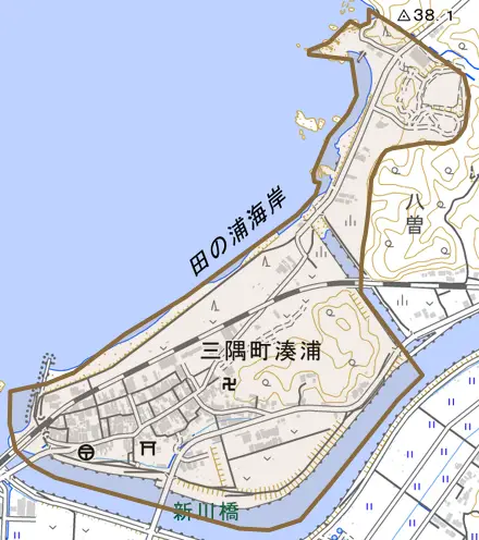 三隅町湊浦とその周辺の地図。町の範囲を重ねている
