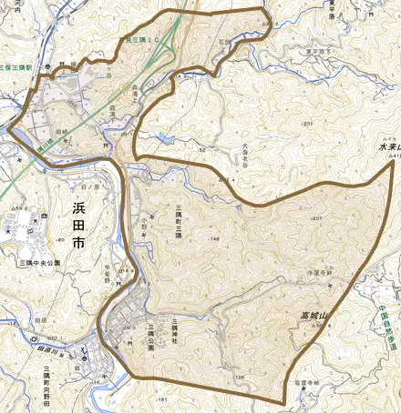 三隅町三隅とその周辺の地図。町の範囲を重ねている