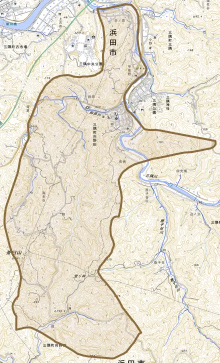 三隅町向野田とその周辺の地図。町の範囲を重ねている