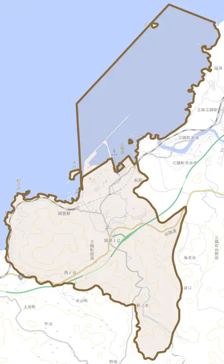 三隅町岡見とその周辺の地図。町の範囲を重ねている